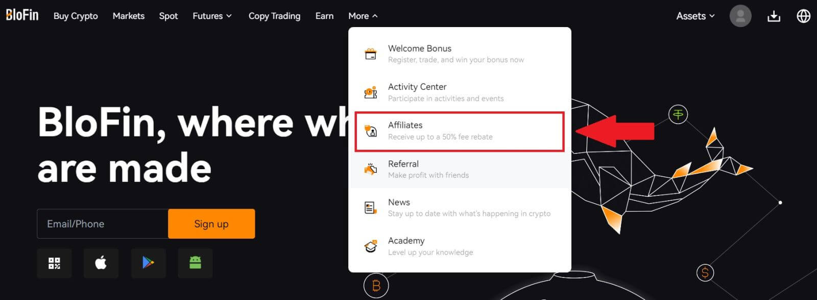 Screenshot of the Blofin signup page highlighting where to enter the referral code for a bonus.