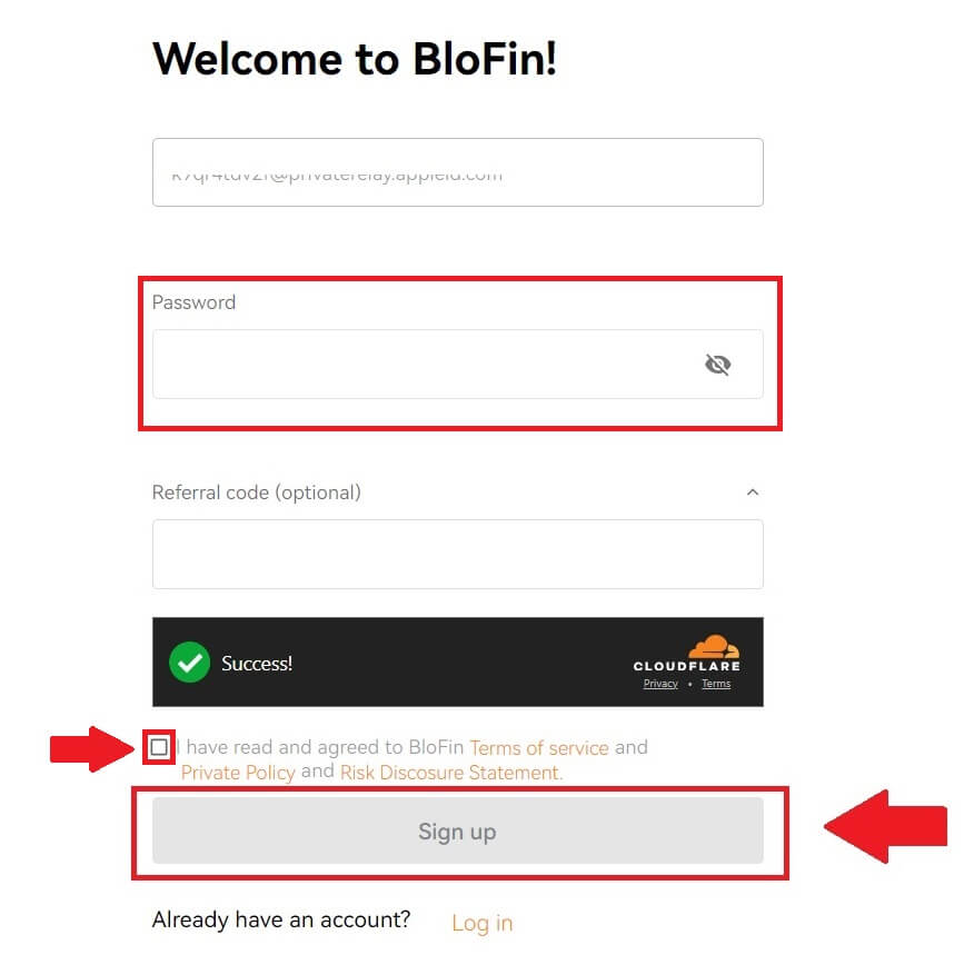 Sign up form within the Blofin mobile app.